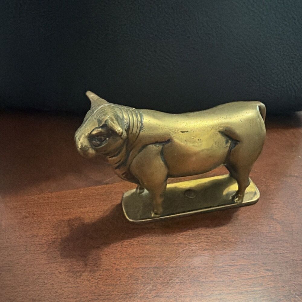 1950s Brass Bull Figurine Sculpture on Base, 3x4 inches gold tone